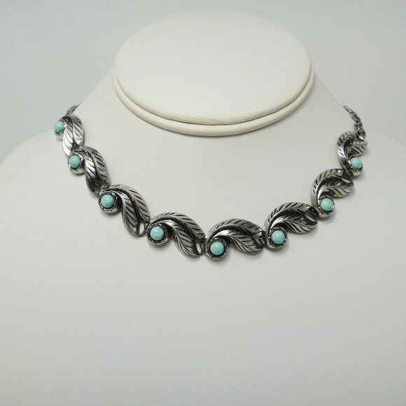 Necklace Blue Faux Turquoise Silver Tone Leaves Choker 16.5" - Picture 2 of 11